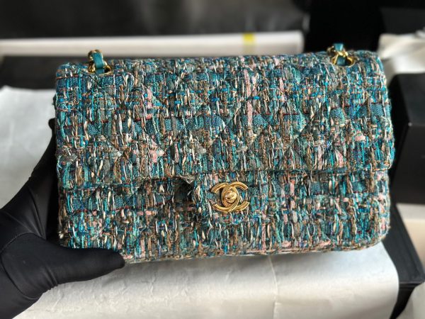 CHANEL Classic Tweed Flap Bag. Original Quality Bag including gift box, care book, dust bag, authenticity card.  These new bright and colorful bags are literally heart-melting. The woven chain, diamond quilting patters are the center of this collection.  Then we have the seasonal bags that look like the Classic Flap Bags but they features colorful cotton tweed for more brightness. These are the must-have seasonal bags.