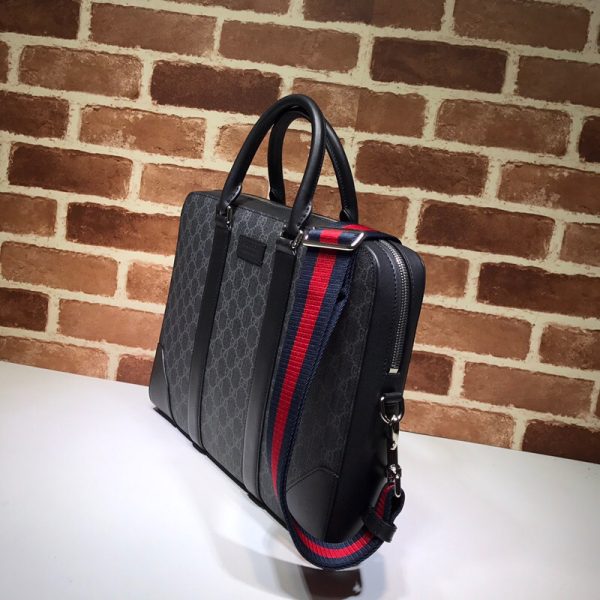 GUCCI GG Supreme Men's Briefcase. Original quality briefcase including gift box, booklet, dust bag, authenticity card. Ideal for the discerning man about town, this GG Supreme laptop bag from Gucci is sure to impress. Whether for a business trip, client meeting, or work event, this bag is designed with luxury in mind. Featuring leather trim, round top handles, a top zip fastening, an internal zip pocket, and signature web detachable and adjustable shoulder strap.