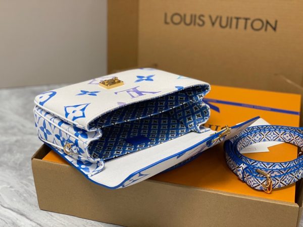 LOUIS VUITTON Pochette Métis MM. Style with a Portuguese Touch. This exquisite Pochette Metis handbag is crafted from cream-colored canvas and highlighted by pastel LV's and Monogram Flowers printed with a watercolor-like effect. The top handle and detachable strap present a more prominent Monogram Flower pattern, reminiscent of the Portuguese painted ceramic tilework.