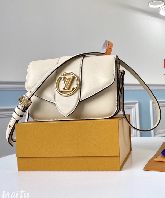 LOUIS VUITTON Pont 9. Original Quality Bag including gift box, literature, dust bag, authenticity card. The structured yet curved lines of the LV Pont 9 handbag are fashioned from smooth leather. The LV Circle, a classic House signature reinterpreted by Nicolas Ghesquière, adorns the bag’s flap and the adjustable strap’s buckle. Hidden features such as a colored leather lining and Monogram Flower magnetic closure on the flap’s underside bring subtle sophistication.