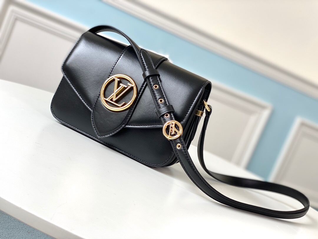 LOUIS VUITTON Pont 9. Original Quality Bag including gift box, literature, dust bag, authenticity card. The structured yet curved lines of the LV Pont 9 handbag are fashioned from smooth leather. The LV Circle, a classic House signature reinterpreted by Nicolas Ghesquière, adorns the bag’s flap and the adjustable strap’s buckle. Hidden features such as a colored leather lining and Monogram Flower magnetic closure on the flap’s underside bring subtle sophistication.