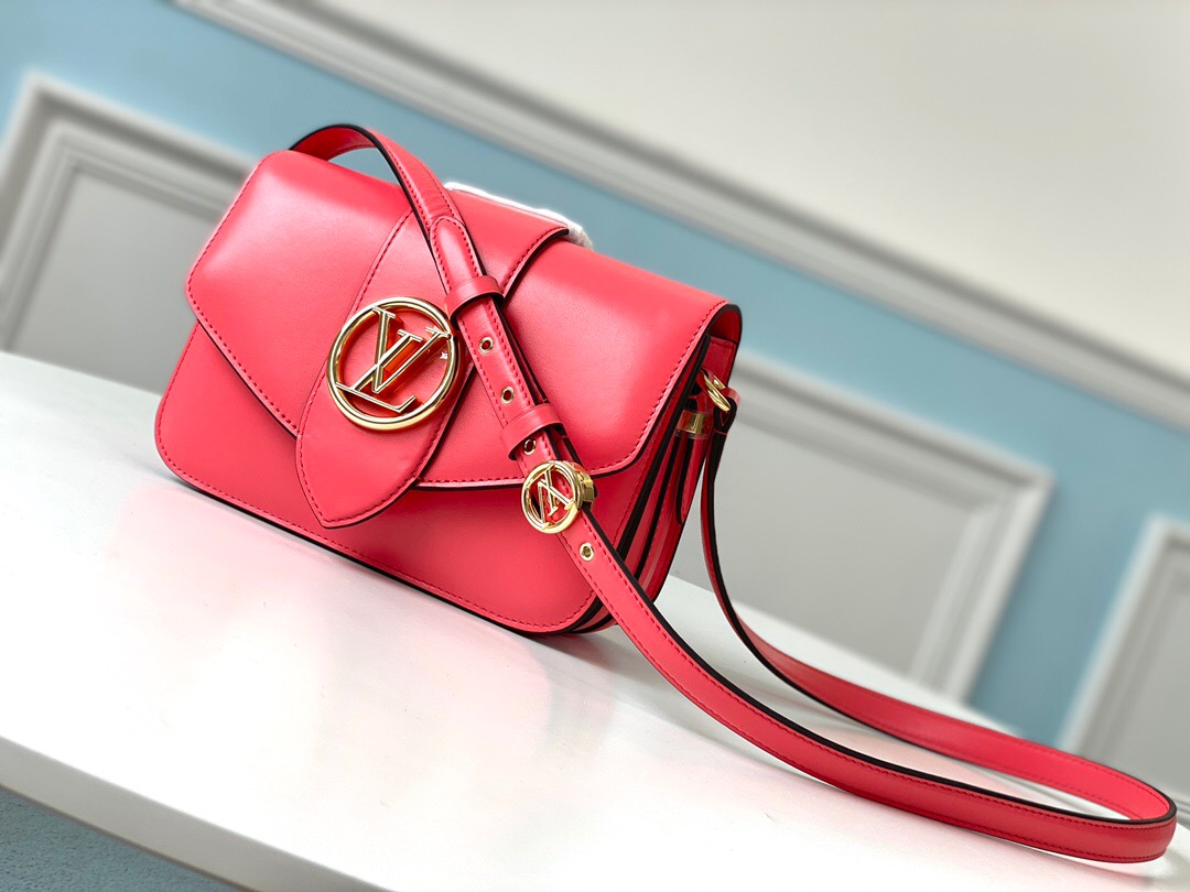 LOUIS VUITTON Pont 9. Original Quality Bag including gift box, literature, dust bag, authenticity card. The structured yet curved lines of the LV Pont 9 handbag are fashioned from smooth leather. The LV Circle, a classic House signature reinterpreted by Nicolas Ghesquière, adorns the bag’s flap and the adjustable strap’s buckle. Hidden features such as a colored leather lining and Monogram Flower magnetic closure on the flap’s underside bring subtle sophistication.