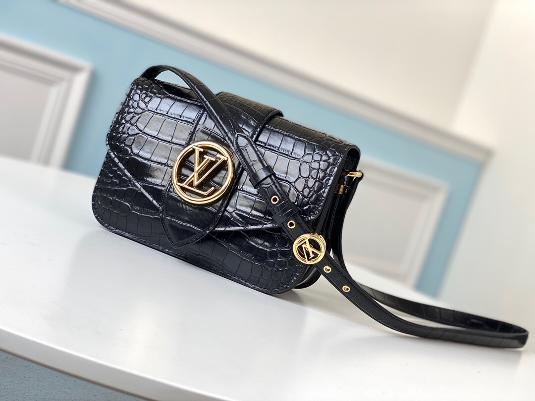 LOUIS VUITTON Pont 9. Original Quality Bag including gift box, literature, dust bag, authenticity card. The structured yet curved lines of the LV Pont 9 handbag are fashioned from smooth leather. The LV Circle, a classic House signature reinterpreted by Nicolas Ghesquière, adorns the bag’s flap and the adjustable strap’s buckle. Hidden features such as a colored leather lining and Monogram Flower magnetic closure on the flap’s underside bring subtle sophistication.