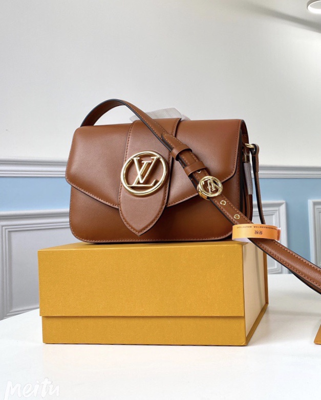 LOUIS VUITTON Pont 9. Original Quality Bag including gift box, literature, dust bag, authenticity card. The structured yet curved lines of the LV Pont 9 handbag are fashioned from smooth leather. The LV Circle, a classic House signature reinterpreted by Nicolas Ghesquière, adorns the bag’s flap and the adjustable strap’s buckle. Hidden features such as a colored leather lining and Monogram Flower magnetic closure on the flap’s underside bring subtle sophistication.