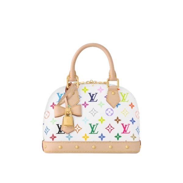 LV x TM Alma BB. Authentic quality luxury bag crafted in genuine leather comes with authenticity card, dust bag and gift bag. A Timeless Icon Reimagined in Murakami’s Playful Palette. Inspired by a 1930s Art Deco design, this special edition of the Alma BB exudes a celebratory charm with its vibrant multicolored Monogram coated canvas from the Louis Vuitton x Murakami collection. Drawing from the Japanese artist’s playful palette, the design is beautifully complemented by the House’s signature natural cowhide leather, which graces the refined Toron top handles, structured base, removable strap, and the exclusive LV x TM keybell—adding a timeless touch of elegance.