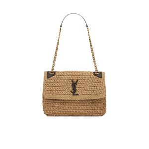 SAINT LAURENT Niki Baby Chain Bag In Raffia And Leather. Original Quality Bag including gift box, care book, dust bag, authenticity card. Niki raffia shoulder bag from SAINT LAURENT featuring woven raffia design, signature YSL logo plaque, gold-tone hardware, front flap closure, magnetic fastening, internal flat pocket and sliding chain-link shoulder strap.